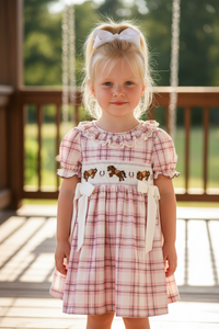 Western Horse Embroidered Smocked Plaid Girls Dress