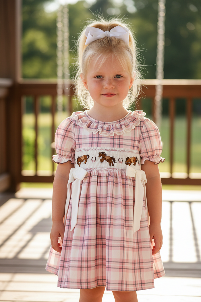 Western Horse Embroidered Smocked Plaid Girls Dress