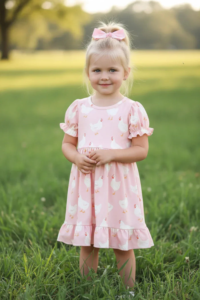 Farm Spring Chicken Print Girls Ruffle Dress - Essential Southern Charm