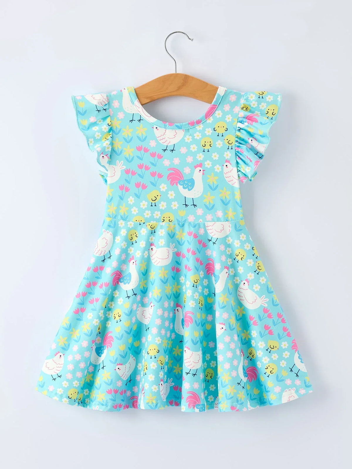 Aqua Spring Chicken Floral Farm Print Girls Dress - Essential Southern Charm