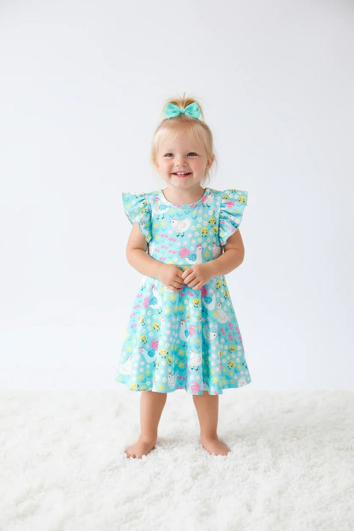 Aqua Spring Chicken Floral Farm Print Girls Dress - Essential Southern Charm