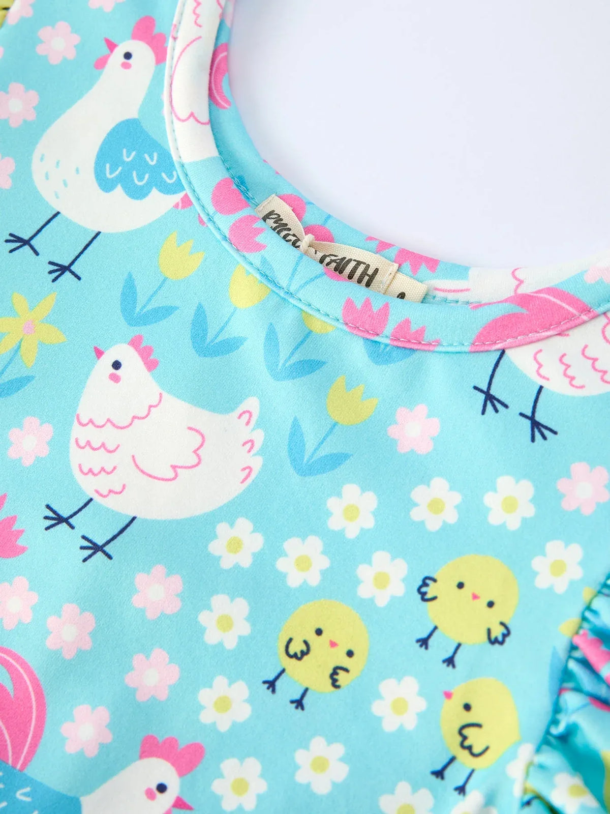 Aqua Spring Chicken Floral Farm Print Girls Dress - Essential Southern Charm