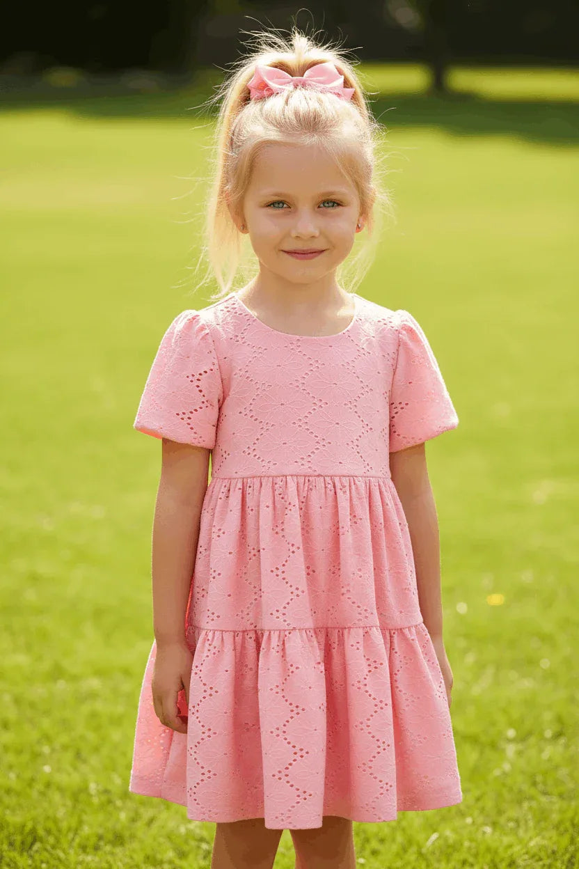 Pink Eyelet Embroidered Girl Short Sleeve Dress - Essential Southern Charm