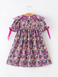 Purple Floral Bow Petals Collar Girls Dress