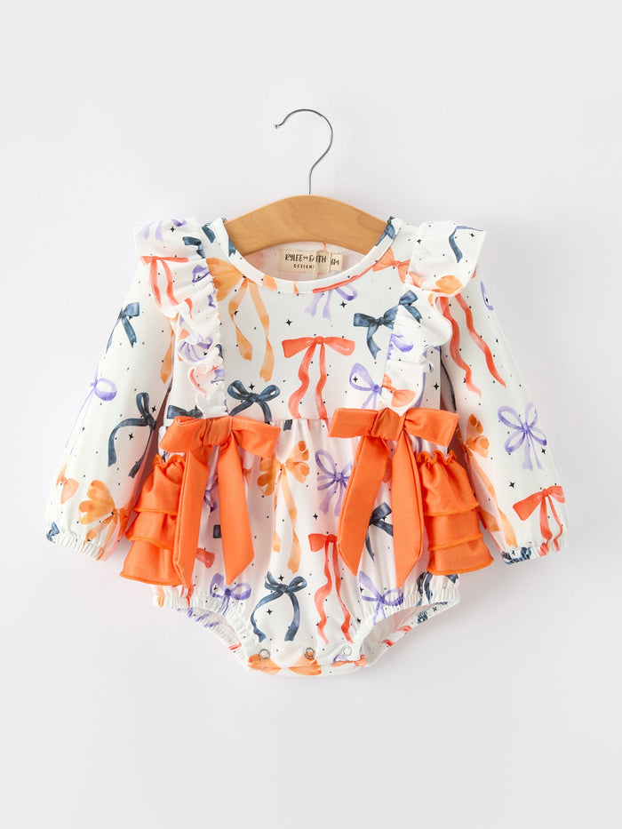 Fall Bow Print Girls Romper Ruffle Bow Long Sleeve