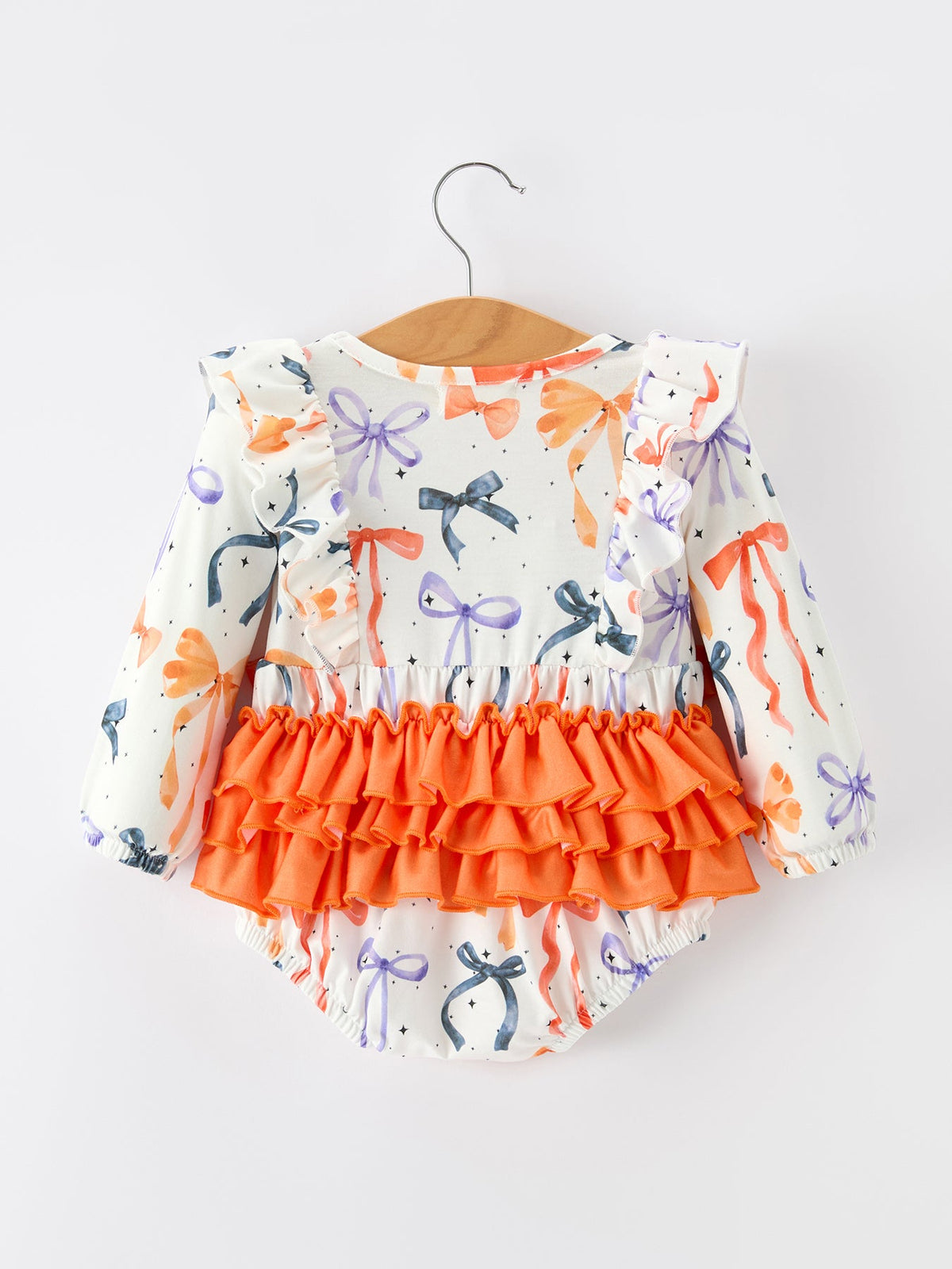 Fall Bow Print Girls Romper Ruffle Bow Long Sleeve