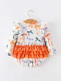 Fall Bow Print Girls Romper Ruffle Bow Long Sleeve