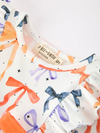 Fall Bow Print Girls Romper Ruffle Bow Long Sleeve