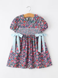 Blue Bow Smocked Floral Girl Dress