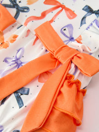 Fall Bow Print Girls Romper Ruffle Bow Long Sleeve
