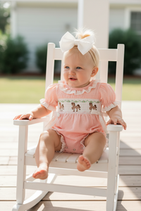 Western Horse Embroidery Girls Romper Lace Petals Collar Puff Sleeve