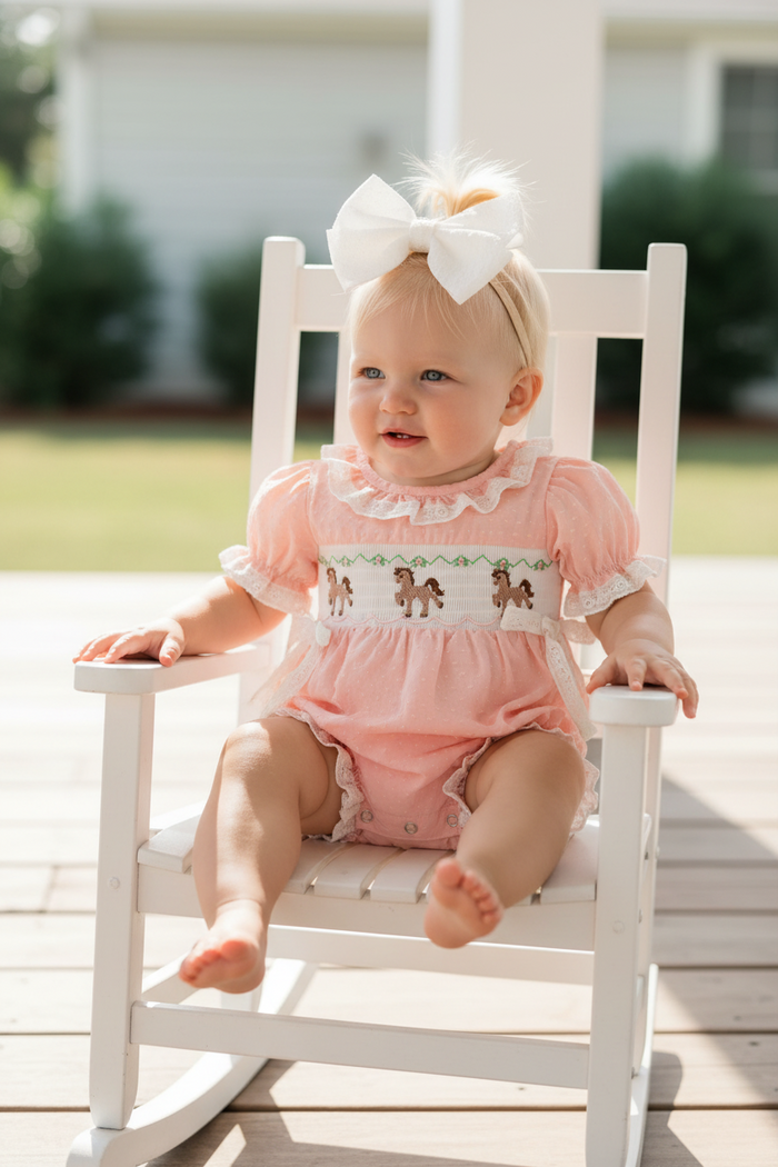 Western Horse Embroidery Girls Romper Lace Petals Collar Puff Sleeve