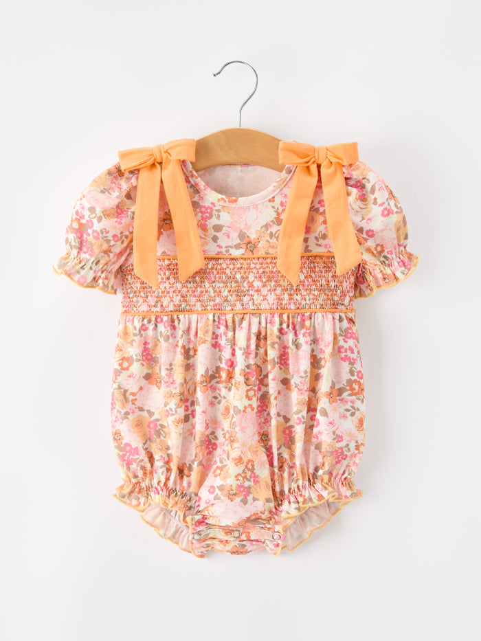 Peach Bow Smocked Floral Baby Bubble