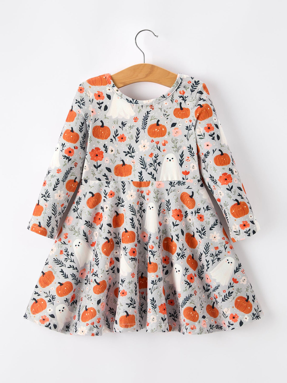 Pumpkin Ghost Girls Dress Long Sleeve Twirl Dress