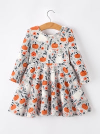 Pumpkin Ghost Girls Dress Long Sleeve Twirl Dress