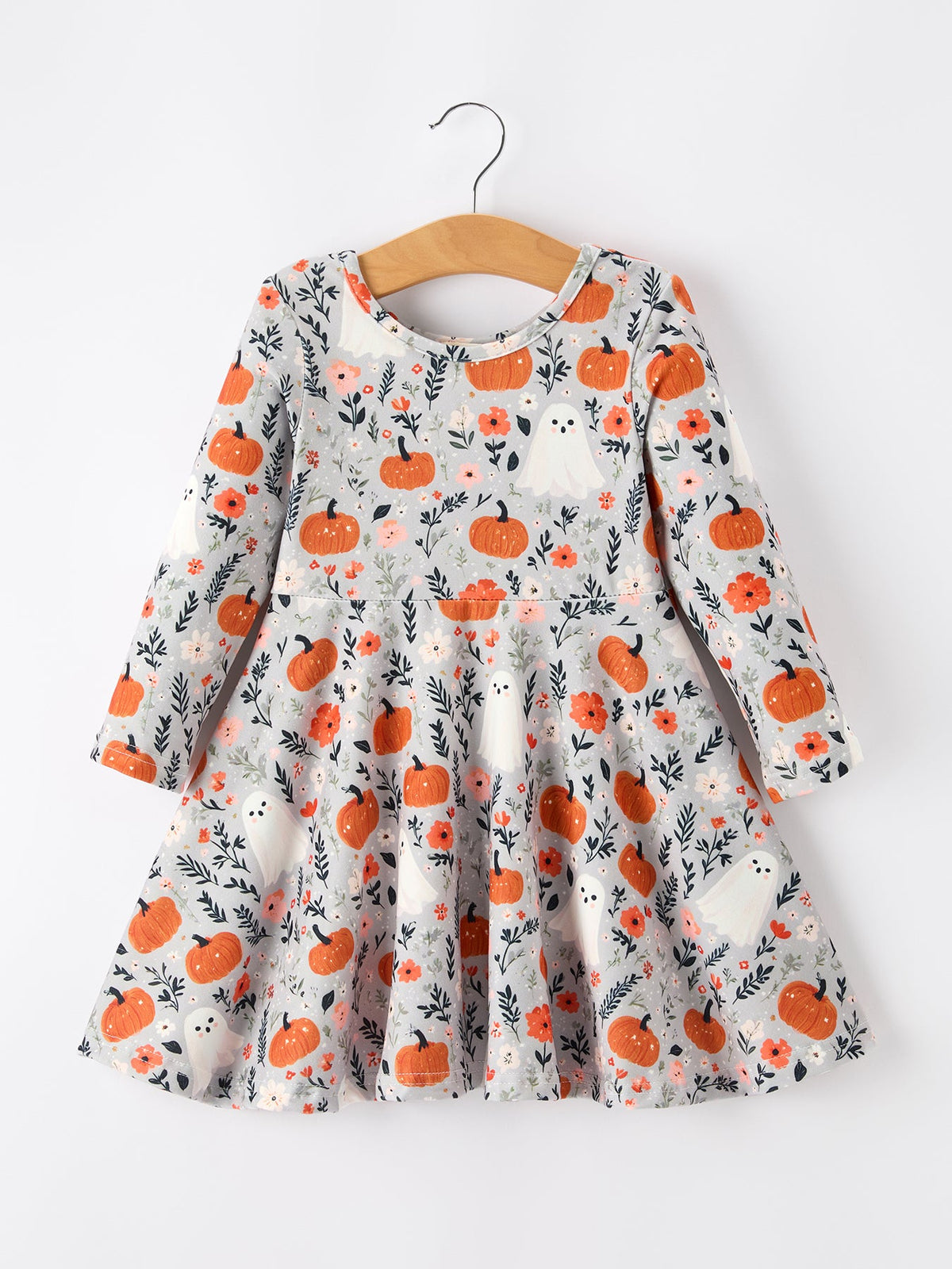 Pumpkin Ghost Girls Dress Long Sleeve Twirl Dress