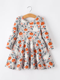 Pumpkin Ghost Girls Dress Long Sleeve Twirl Dress