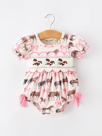 Western Horse Smocked Girls Romper Bow Ruffle Short Sleeve