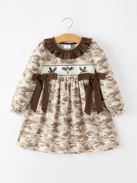 Duck Smocked Camo Girl Dress Bow Detail