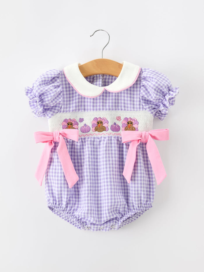 Turkey Smocked Plaid Bow Girls Bubble Romper