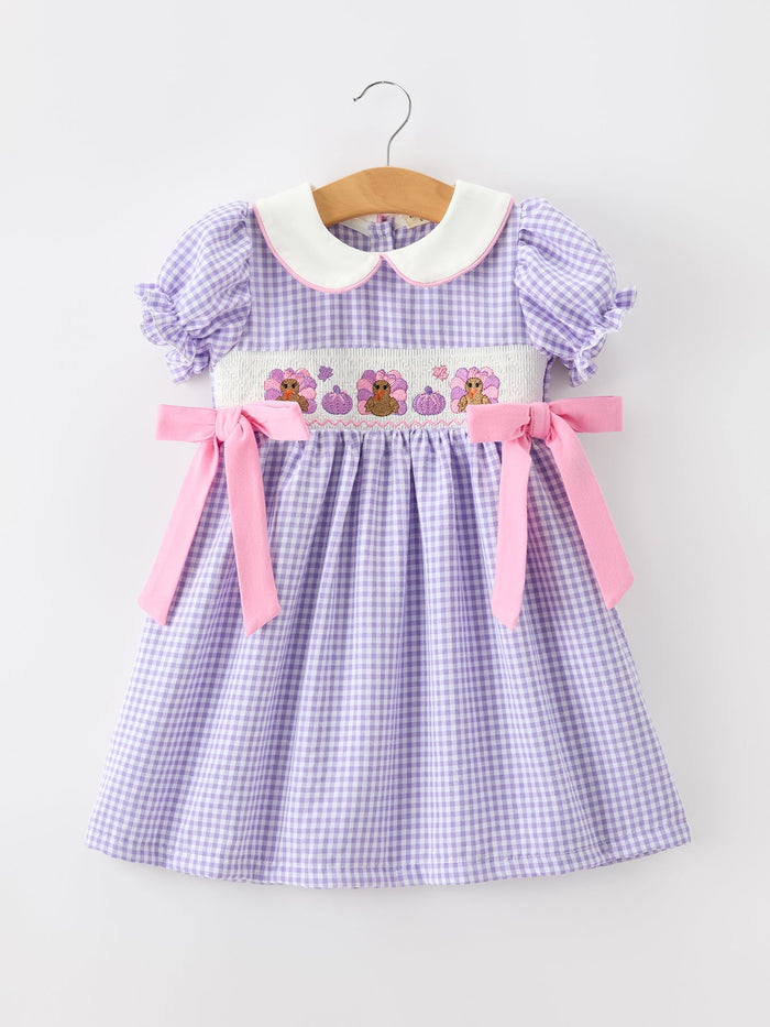 Turkey Smocked Plaid Bow Girls Dress