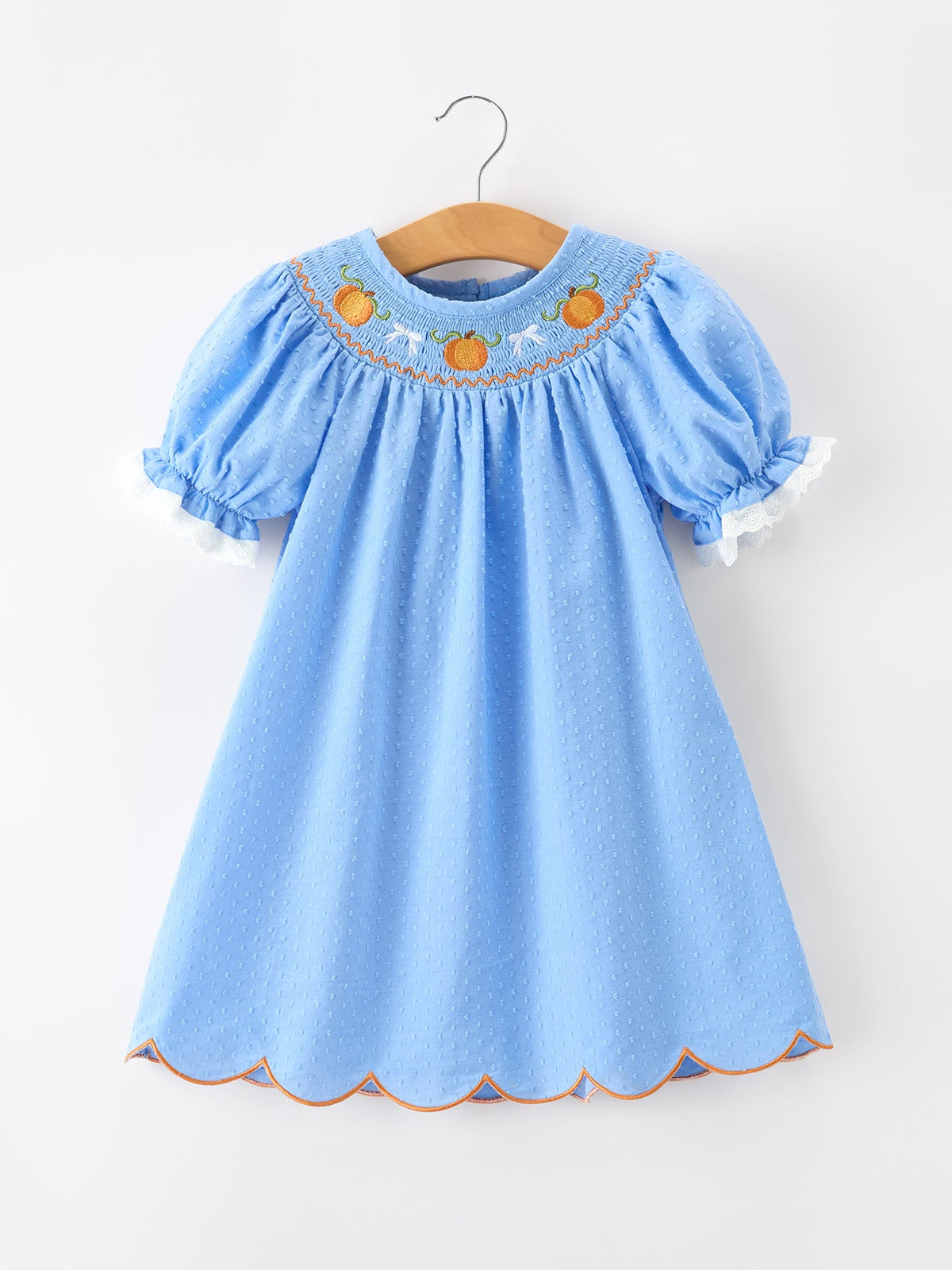 Fall Thanksgiving&Halloween Pumpkin Smock Embroidery Lace Baby Girl Dress