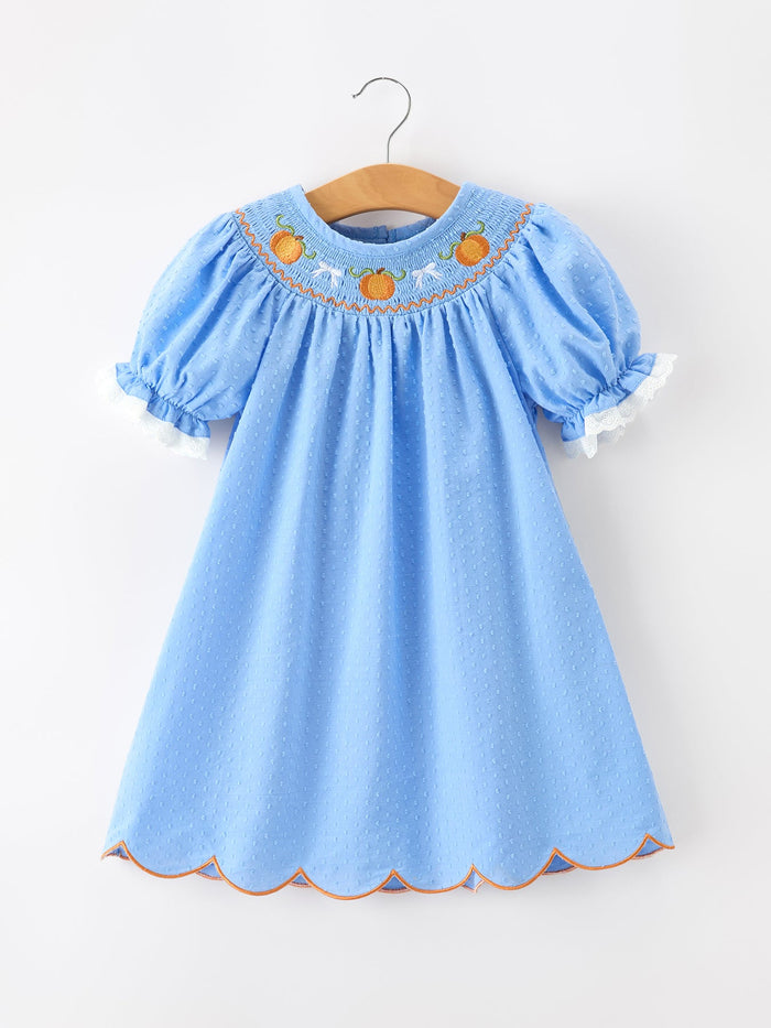 Fall Thanksgiving&Halloween Pumpkin Smock Embroidery Lace Baby Girl Dress