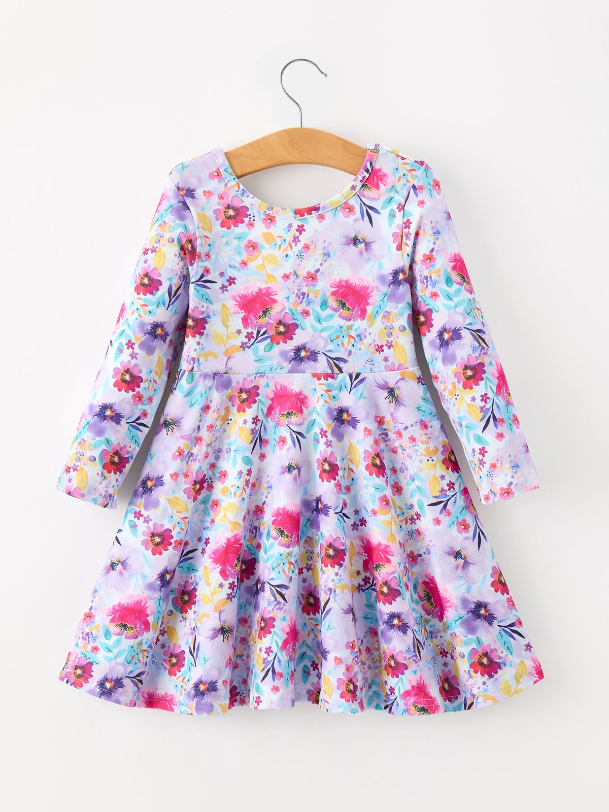 Watercolor Floral Print Girls Ruffle Hem Twirl Dress