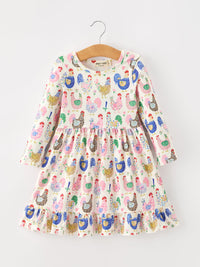 Farm Chicken Print Girls Ruffle Hem Twirl Dress