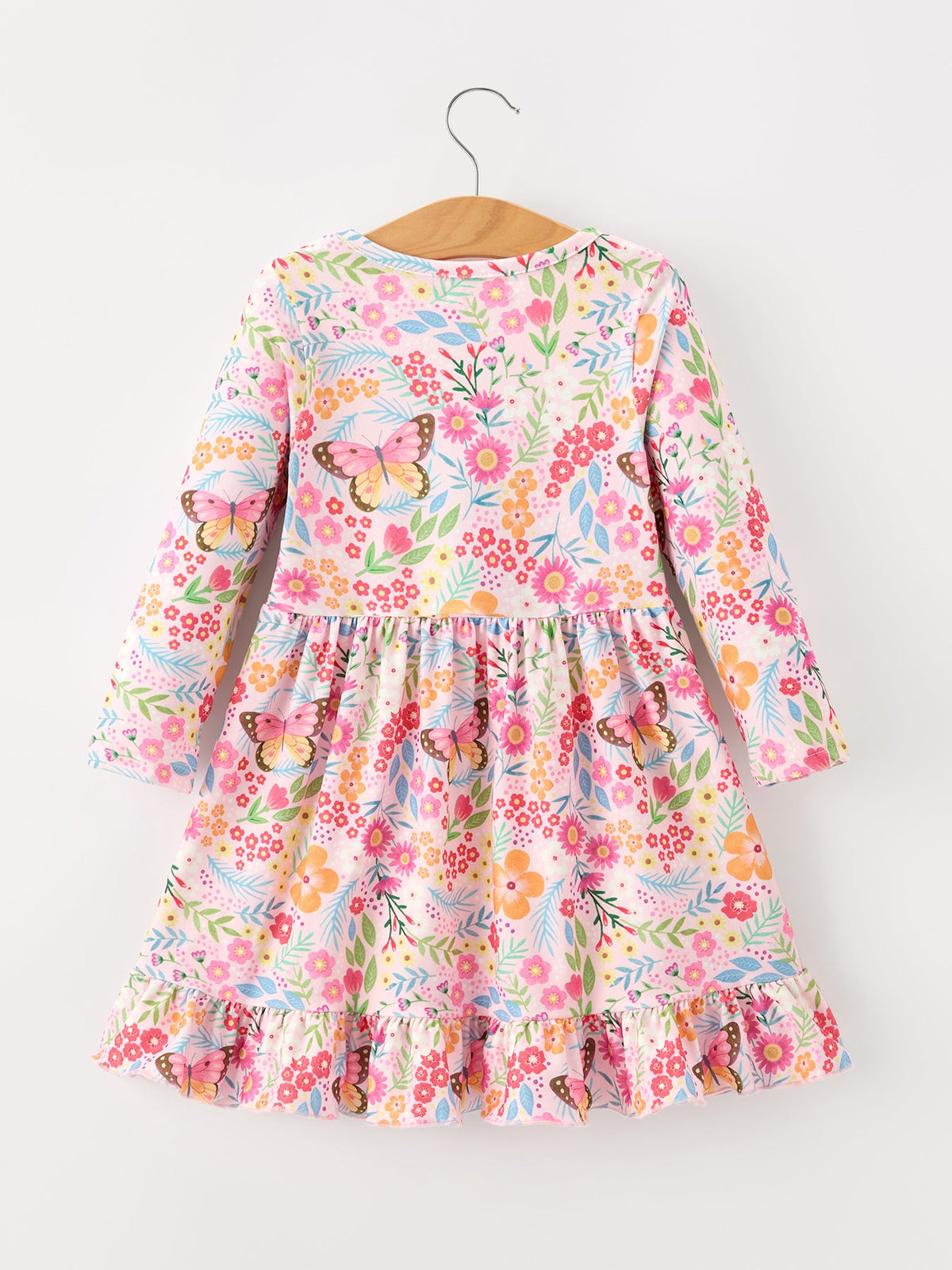 Butterfly Floral Print Girls Ruffle Hem Twirl Dress