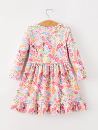 Butterfly Floral Print Girls Ruffle Hem Twirl Dress