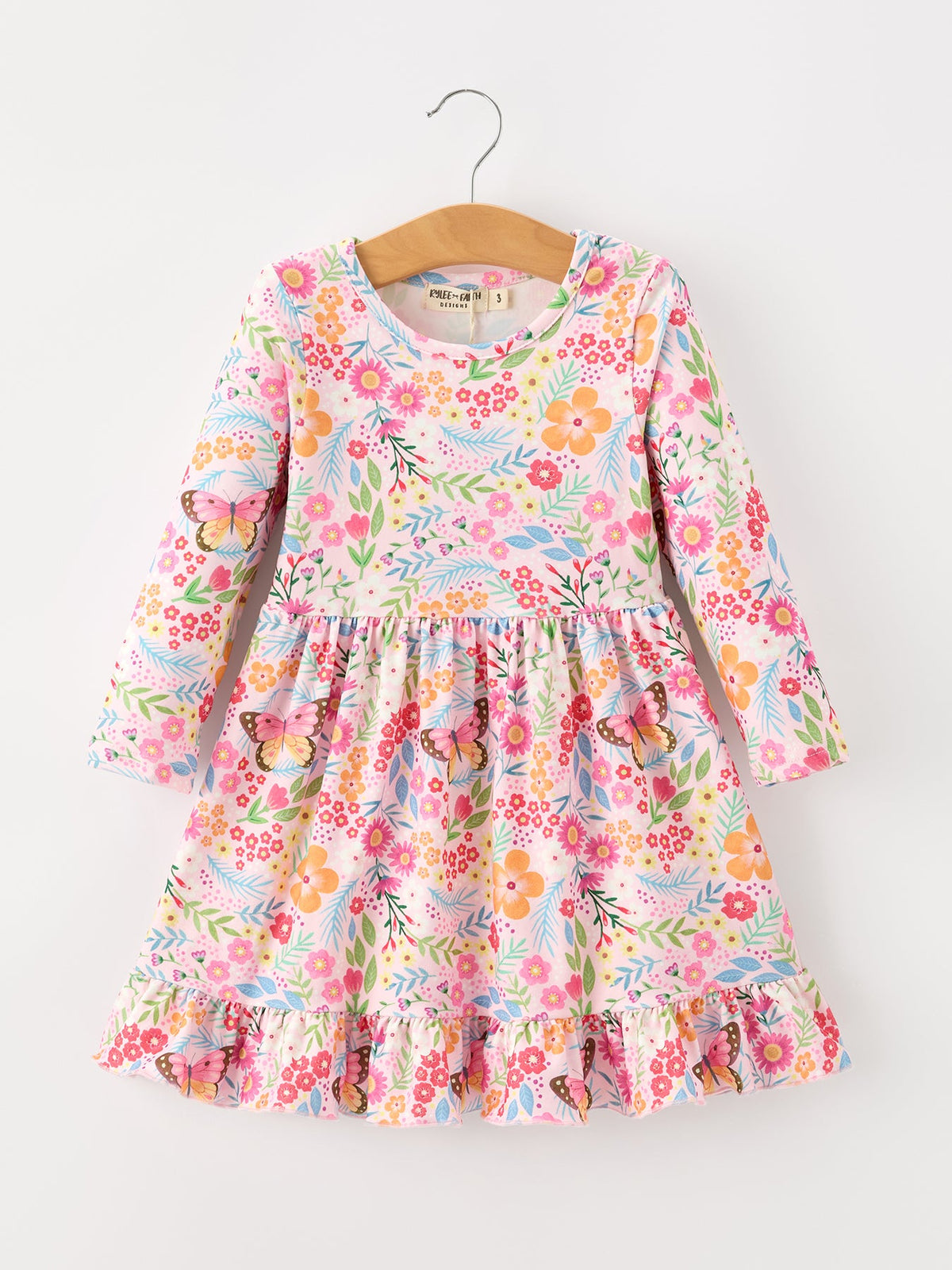 Butterfly Floral Print Girls Ruffle Hem Twirl Dress