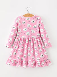 Cat Print Girls Ruffle Hem Twirl Dress