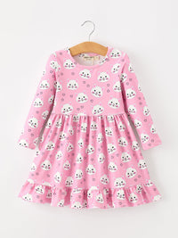 Cat Print Girls Ruffle Hem Twirl Dress