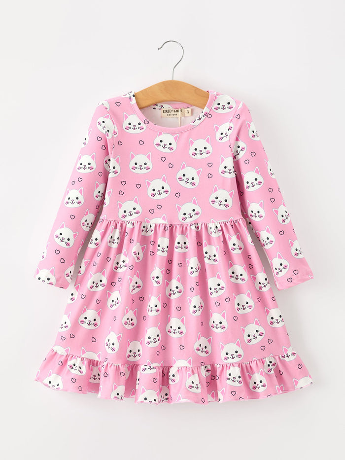 Cat Print Girls Ruffle Hem Twirl Dress