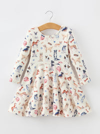 Dog Print Girls Long Sleeve Twirl Dress