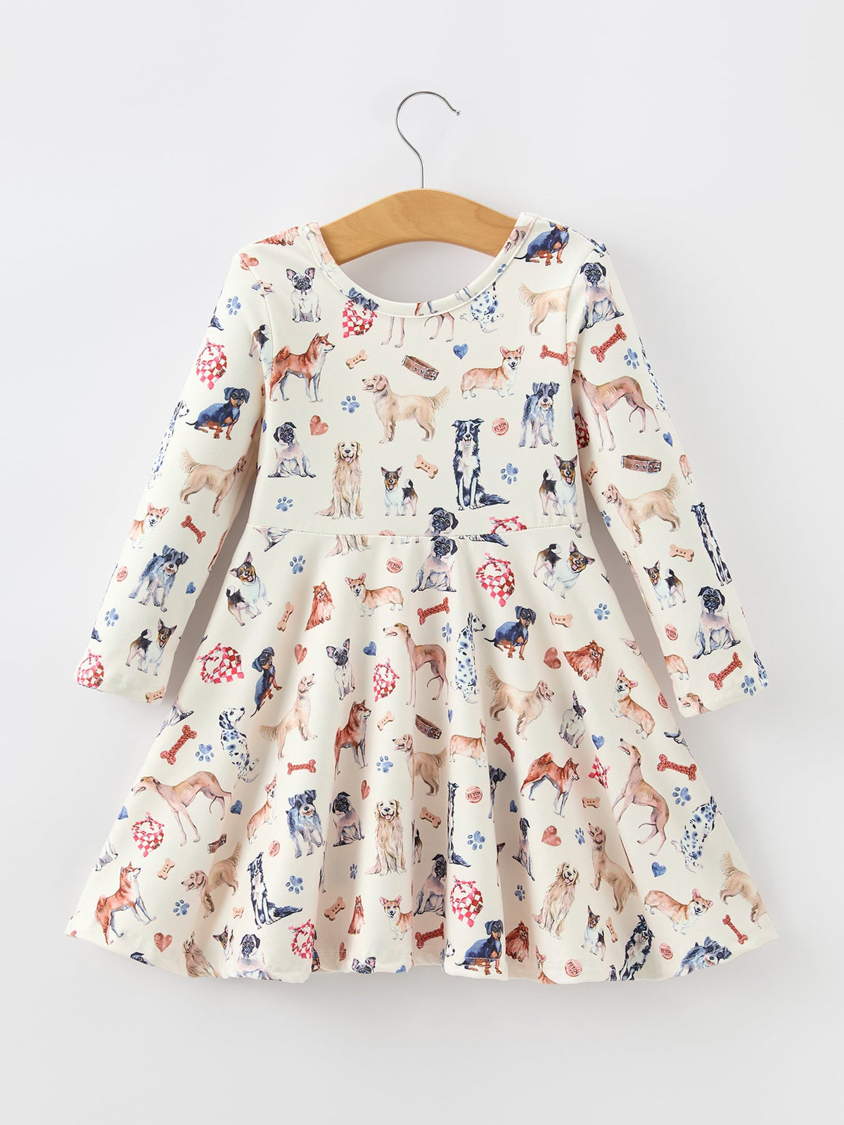 Dog Print Girls Long Sleeve Twirl Dress