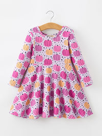 Pumpkin Print Girls Long Sleeve Twirl Dress