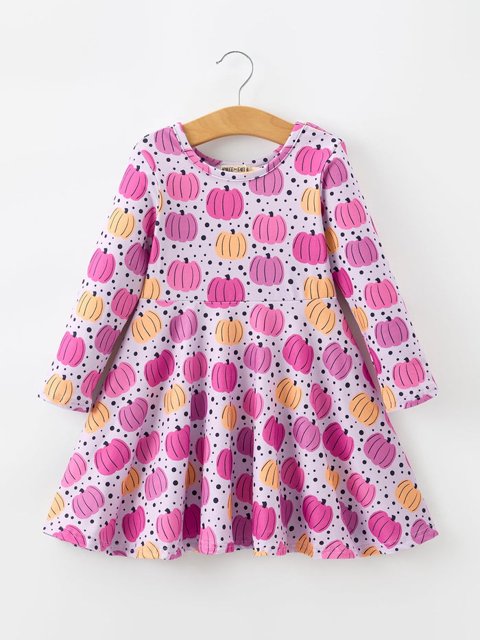 Pumpkin Print Girls Long Sleeve Twirl Dress