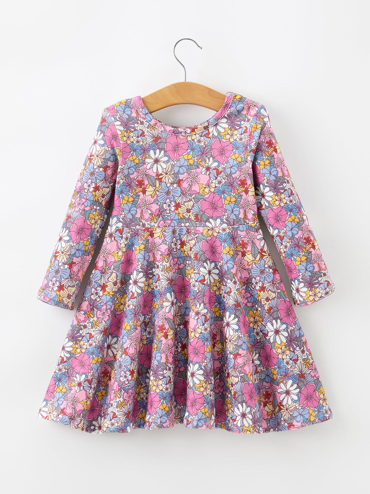 Vintage Floral Print Girls Long Sleeve Twirl Dress