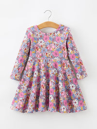 Vintage Floral Print Girls Long Sleeve Twirl Dress