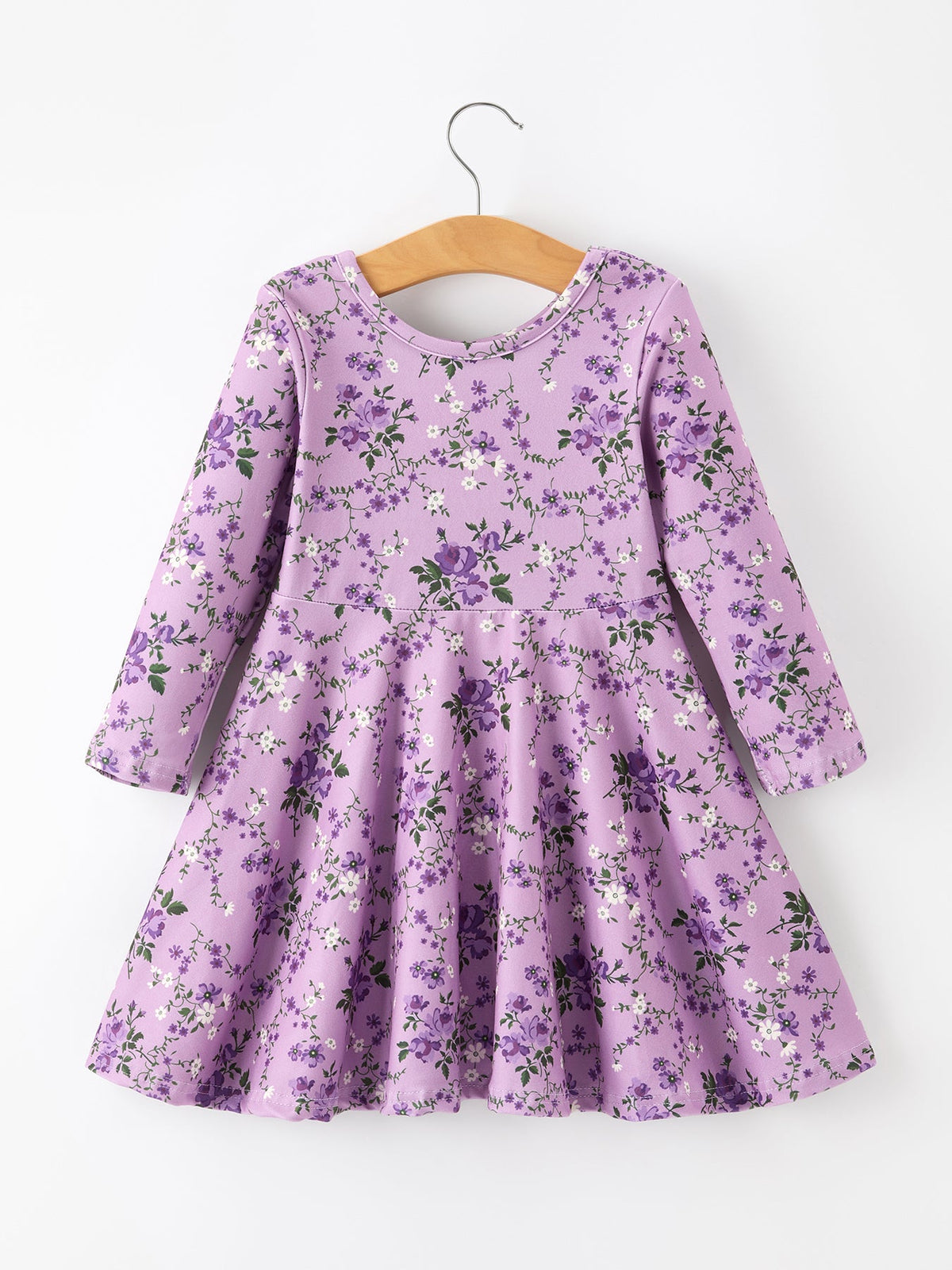 Lavender Floral Print Girls Long Sleeve Twirl Dress