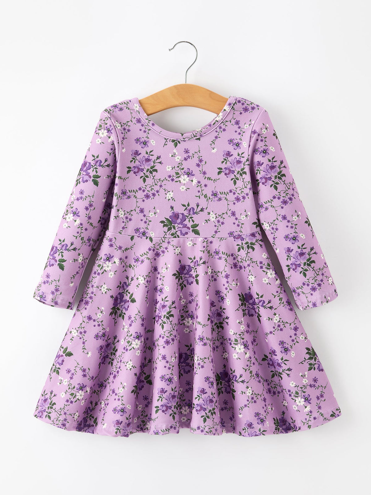 Lavender Floral Print Girls Long Sleeve Twirl Dress