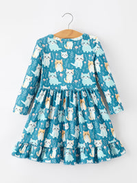 Cat Print Girls Long Sleeve Ruffle Hem Dress