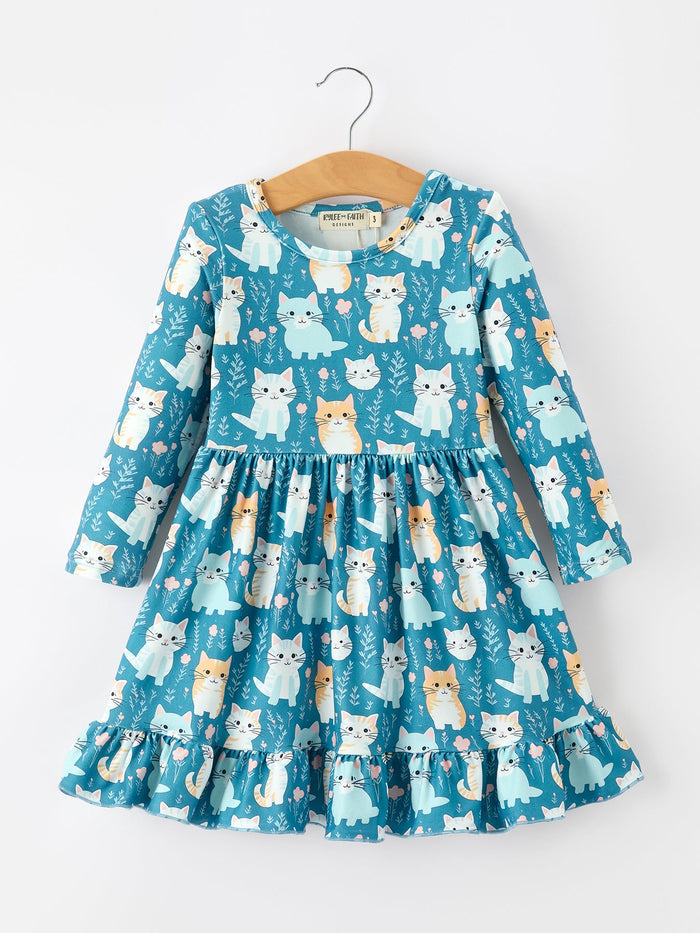 Cat Print Girls Long Sleeve Ruffle Hem Dress