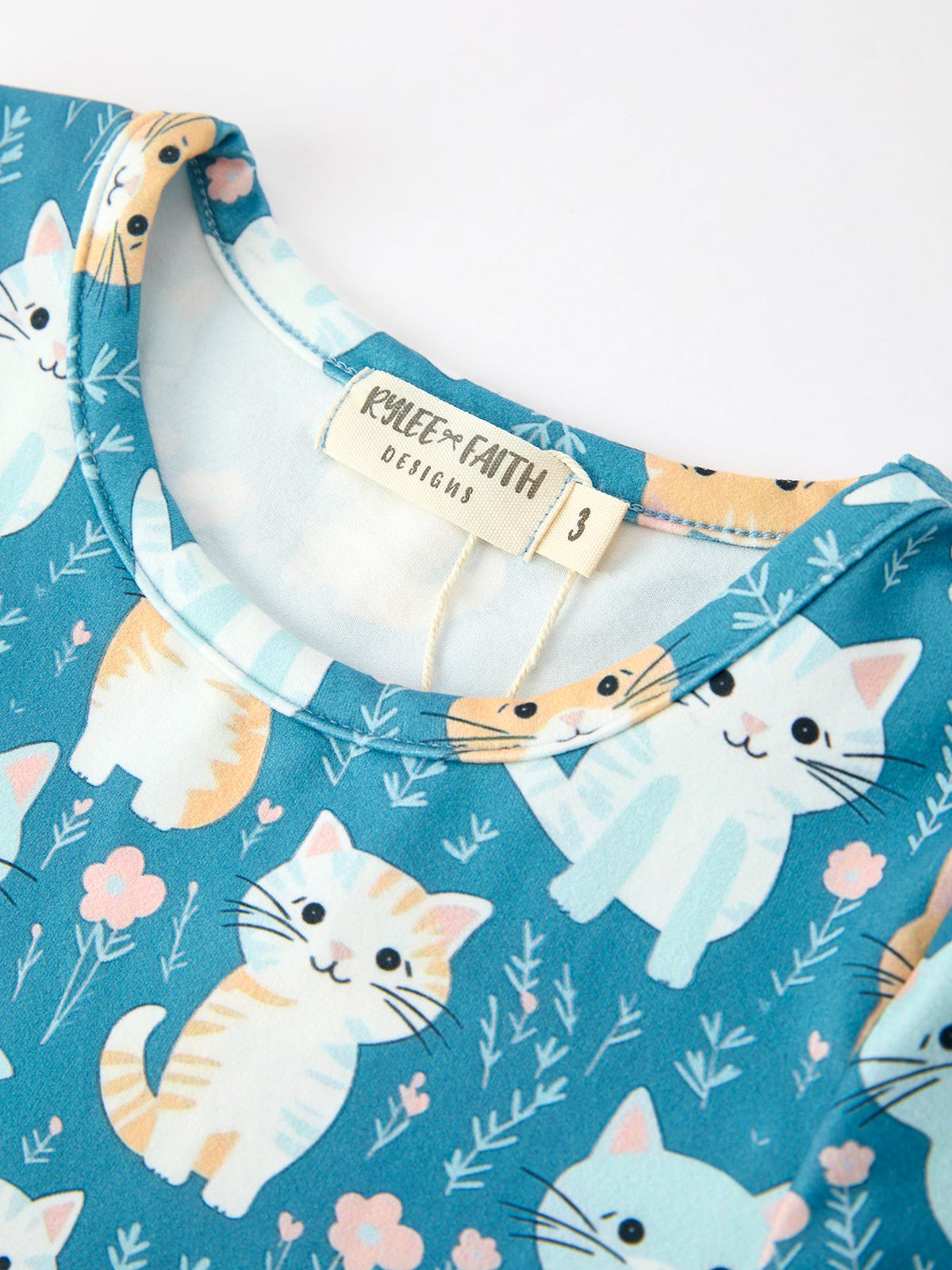 Cat Print Girls Long Sleeve Ruffle Hem Dress