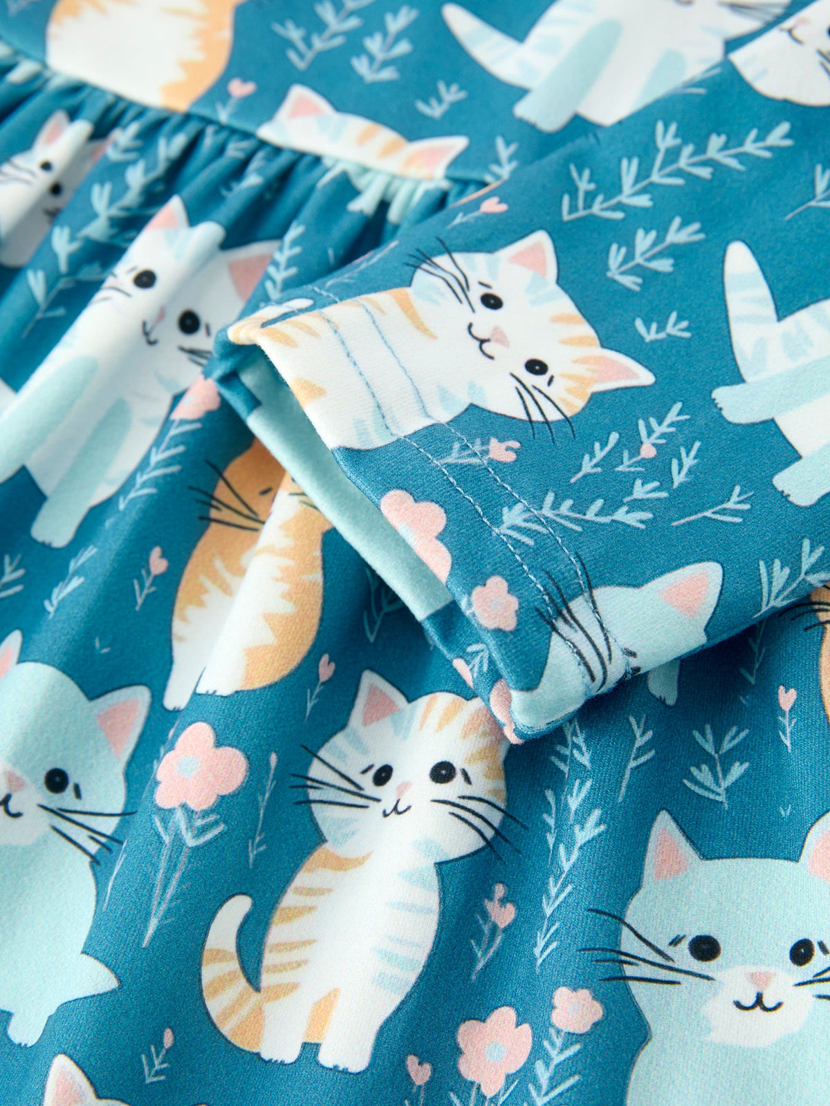 Cat Print Girls Long Sleeve Ruffle Hem Dress
