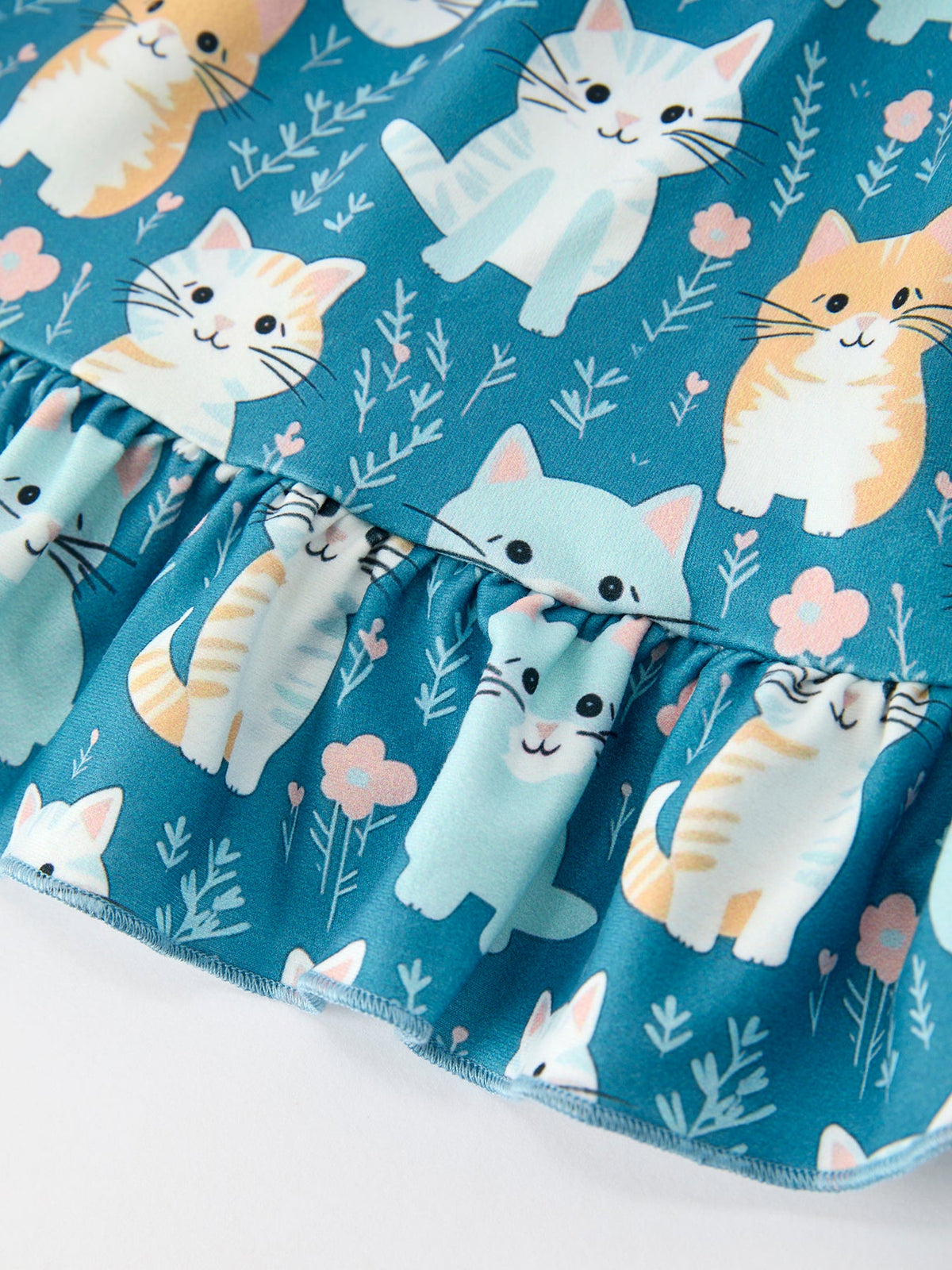 Cat Print Girls Long Sleeve Ruffle Hem Dress