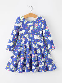 Ghost Cat Print Girls Long Sleeve Twirl Dress
