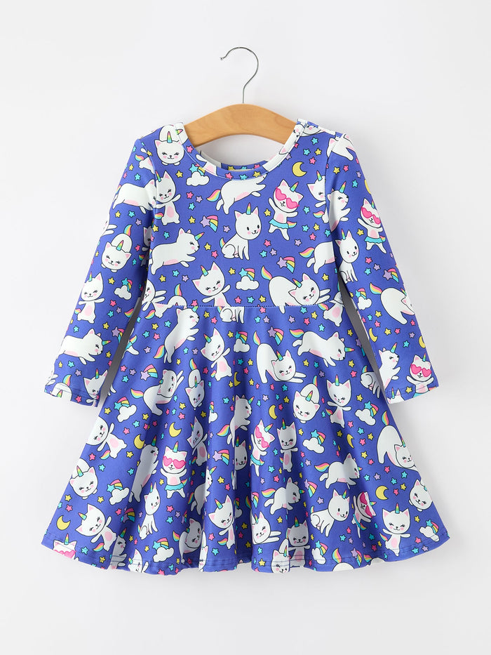 Ghost Cat Print Girls Long Sleeve Twirl Dress